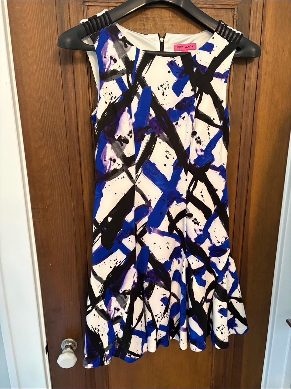 Betsey Johnson White Dress with Blue, Black & Purple Paint-Style Print